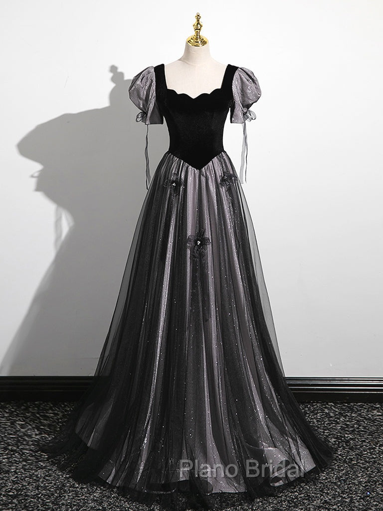 A-Line Puff Sleeves Black Long Formal Prom Dresses, Black Sweet 16 Dresses Secondary image