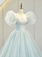 A-Line Puff Sleeves Blue Long Formal Prom Dresses, Tulle Formal Dresses