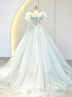A-Line Puff Sleeves Blue Long Formal Prom Dresses, Tulle Formal Dresses