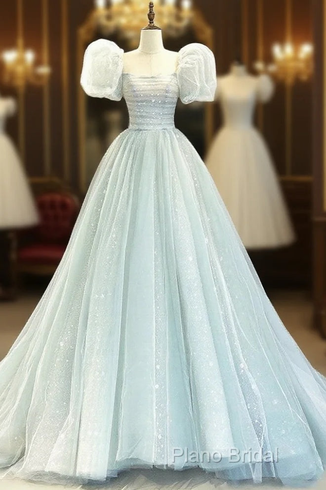 A-Line Puff Sleeves Blue Long Formal Prom Dresses, Tulle Formal Dresses