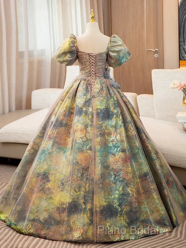 A-Line Puff Sleeves Gold Long Formal Prom Dresses Quinceanera Dresses With Flower Elegant Secondary image