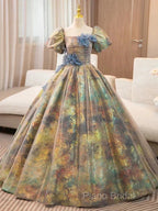 A-Line Puff Sleeves Gold Long Formal Prom Dresses Quinceanera Dresses With Flower Elegant