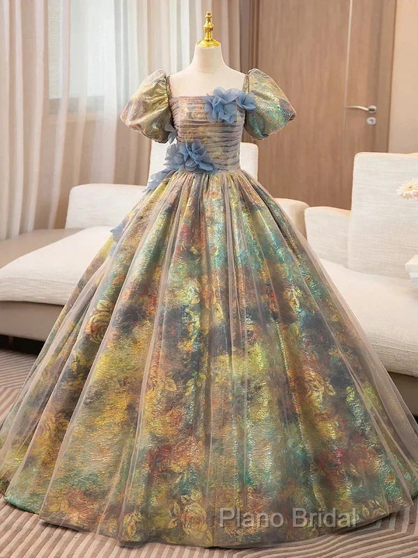 A-Line Puff Sleeves Gold Long Formal Prom Dresses Quinceanera Dresses With Flower Elegant
