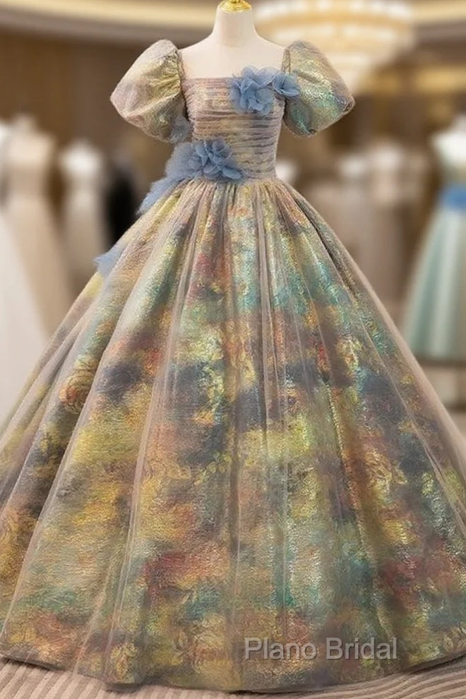 A-Line Puff Sleeves Gold Long Formal Prom Dresses Quinceanera Dresses With Flower Elegant