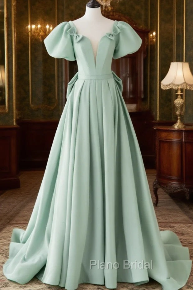 A-Line Puff Sleeves Green Long Formal Prom Dresses, Green Formal Dresses