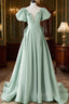 A-Line Puff Sleeves Green Long Formal Prom Dresses, Green Formal Dresses