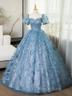 A-Line Puff Sleeves Lace Gray Blue Long Formal Prom Dresses, Gray Blue Formal Dresses