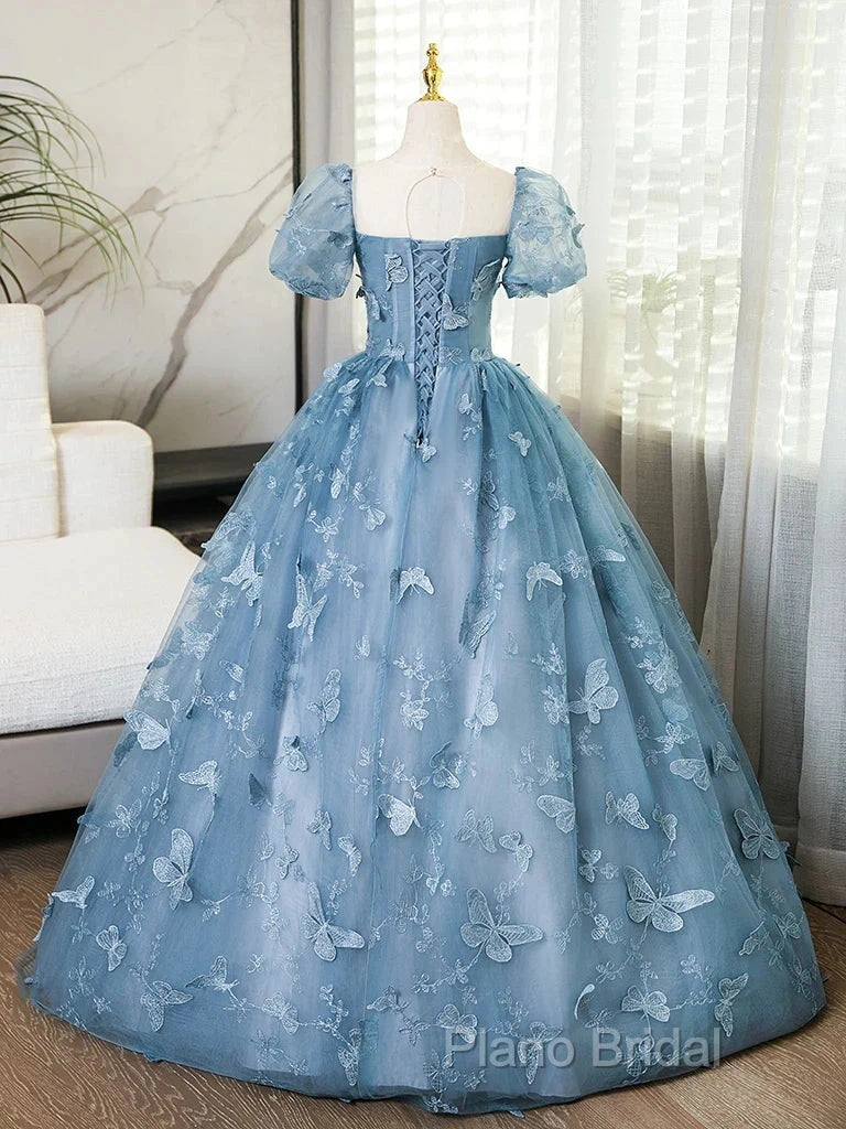 A-Line Puff Sleeves Lace Gray Blue Long Formal Prom Dresses, Gray Blue Formal Dresses