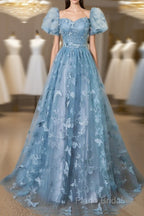 A-Line Puff Sleeves Lace Gray Blue Long Formal Prom Dresses, Gray Blue Formal Dresses