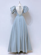 A-Line Puff sleeves Long Blue Formal Prom Dresses, Square Neckline Blue Long Formal Dresses