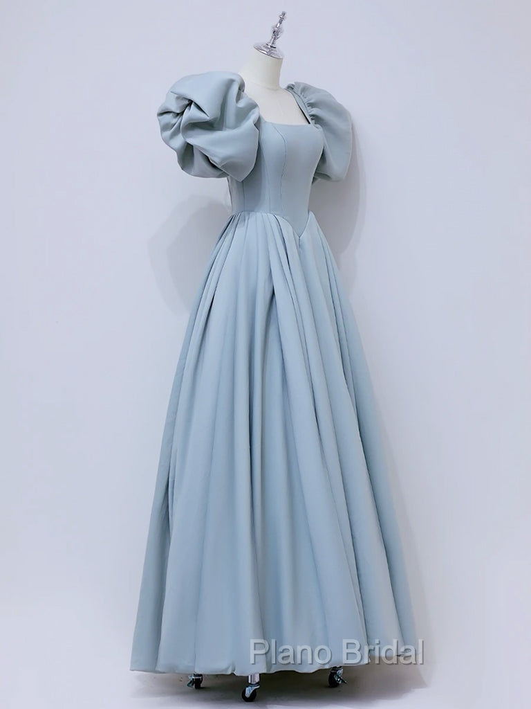A-Line Puff sleeves Long Blue Formal Prom Dresses, Square Neckline Blue Long Formal Dresses
