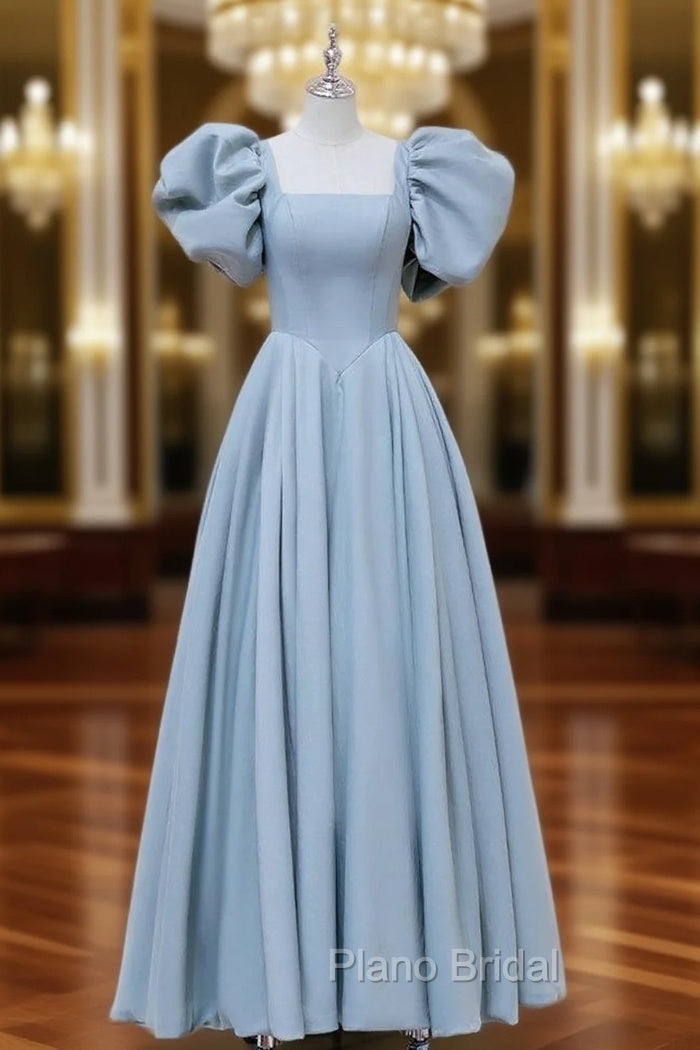 A-Line Puff sleeves Long Blue Formal Prom Dresses, Square Neckline Blue Long Formal Dresses Main image