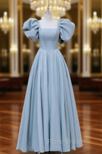 A-Line Puff sleeves Long Blue Formal Prom Dresses, Square Neckline Blue Long Formal Dresses