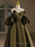 A-Line Puff Sleeves Olive Green Satin Long Formal Prom Dresses, Olive Green Long Evening Dresses