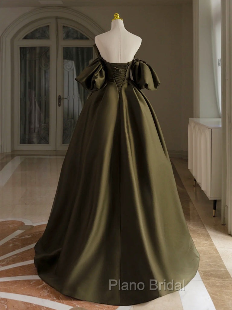 A-Line Puff Sleeves Olive Green Satin Long Formal Prom Dresses, Olive Green Long Formal Dresses