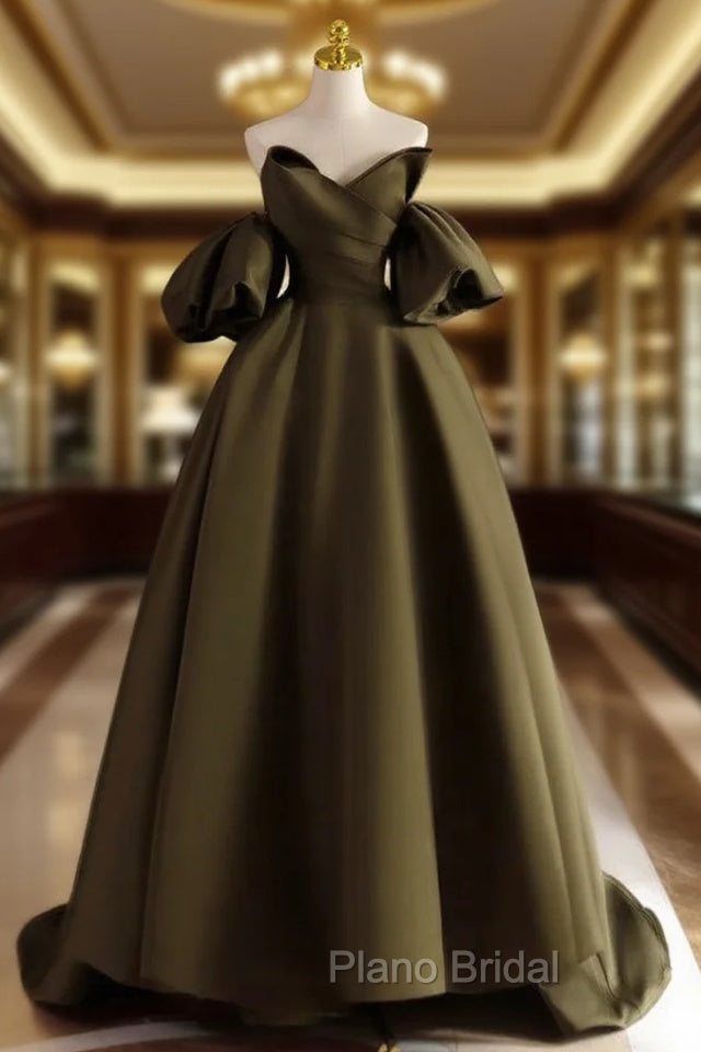 A-Line Puff Sleeves Olive Green Satin Long Formal Prom Dresses, Olive Green Long Formal Dresses Main image