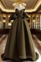 A-Line Puff Sleeves Olive Green Satin Long Formal Prom Dresses, Olive Green Long Formal Dresses