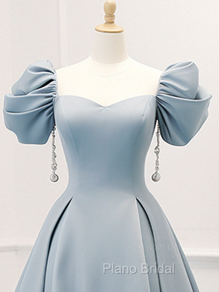 A-Line Puff Sleeves Satin Blue Long Formal Prom Dresses, Blue Long Formal Dresses Secondary image