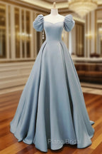 A-Line Puff Sleeves Satin Blue Long Formal Prom Dresses, Blue Long Formal Dresses
