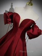 A-Line Puff Sleeves Satin Burgundy Long Formal Prom Dresses, Burgundy Long Formal Dresses