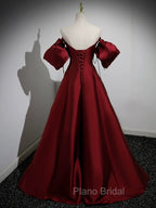 A-Line Puff Sleeves Satin Burgundy Long Formal Prom Dresses, Burgundy Long Formal Dresses