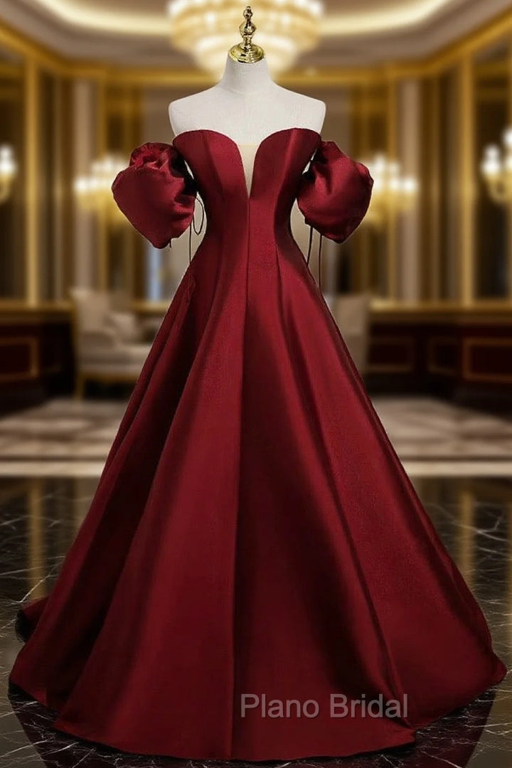 A-Line Puff Sleeves Satin Burgundy Long Formal Prom Dresses, Burgundy Long Formal Dresses