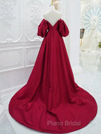 A-Line Puff Sleeves Satin Dark Red Long Formal Prom Dresses, Dark Red Long Evening Dresses