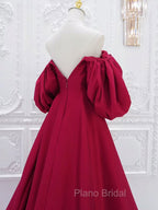 A-Line Puff Sleeves Satin Dark Red Long Formal Prom Dresses, Dark Red Long Evening Dresses