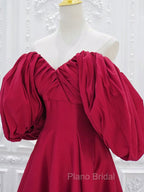 A-Line Puff Sleeves Satin Dark Red Long Formal Prom Dresses, Dark Red Long Evening Dresses