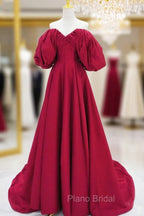 A-Line Puff Sleeves Satin Dark Red Long Formal Prom Dresses, Dark Red Long Evening Dresses
