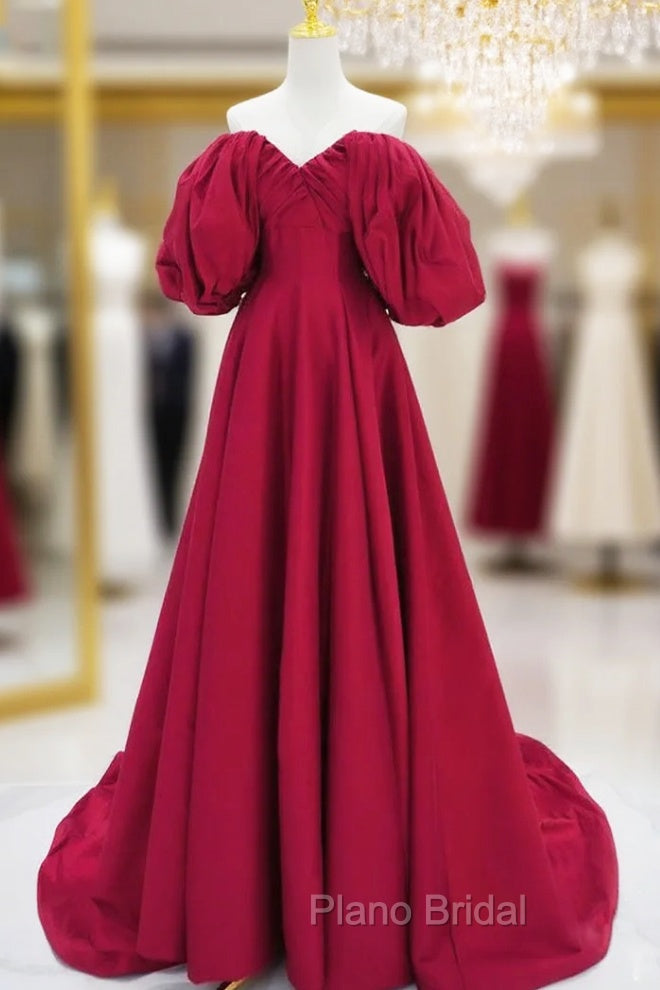 A-Line Puff Sleeves Satin Dark Red Long Formal Prom Dresses, Dark Red Long Evening Dresses