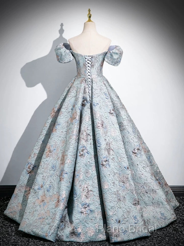A-Line Puff Sleeves Satin Gray Blue Long Formal Prom Dresses, Gray Blue Long Formal Dresses