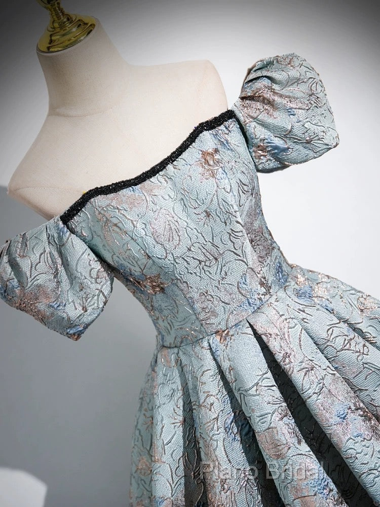 A-Line Puff Sleeves Satin Gray Blue Long Formal Prom Dresses, Gray Blue Long Formal Dresses