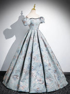 A-Line Puff Sleeves Satin Gray Blue Long Formal Prom Dresses, Gray Blue Long Formal Dresses