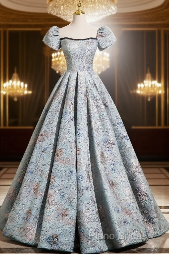 A-Line Puff Sleeves Satin Gray Blue Long Formal Prom Dresses, Gray Blue Long Formal Dresses