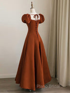 A-Line Puff Sleeves Satin Long Formal Prom Dresses, Long Formal Dresses