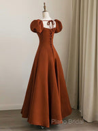 A-Line Puff Sleeves Satin Long Formal Prom Dresses, Long Formal Dresses