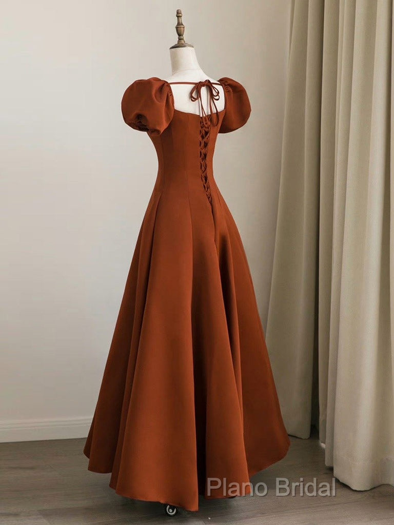 A-Line Puff Sleeves Satin Long Formal Prom Dresses, Long Formal Dresses