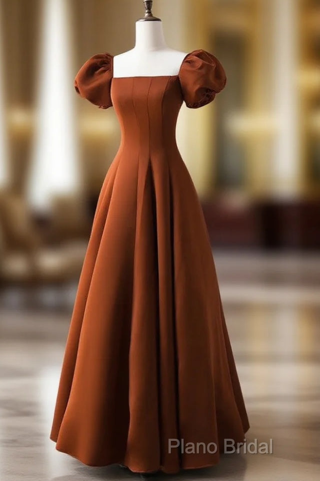 A-Line Puff Sleeves Satin Long Formal Prom Dresses, Long Formal Dresses Main image