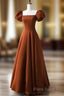 A-Line Puff Sleeves Satin Long Formal Prom Dresses, Long Formal Dresses