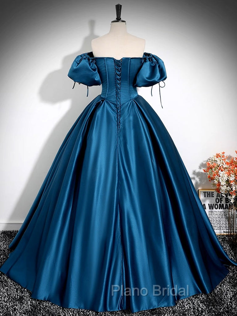 A-Line Puff Sleeves Satin Peacock Blue Long Formal Prom Dresses, Peacock Blue Long Formal Dresses Secondary image