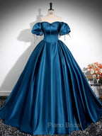 A-Line Puff Sleeves Satin Peacock Blue Long Formal Prom Dresses, Peacock Blue Long Formal Dresses