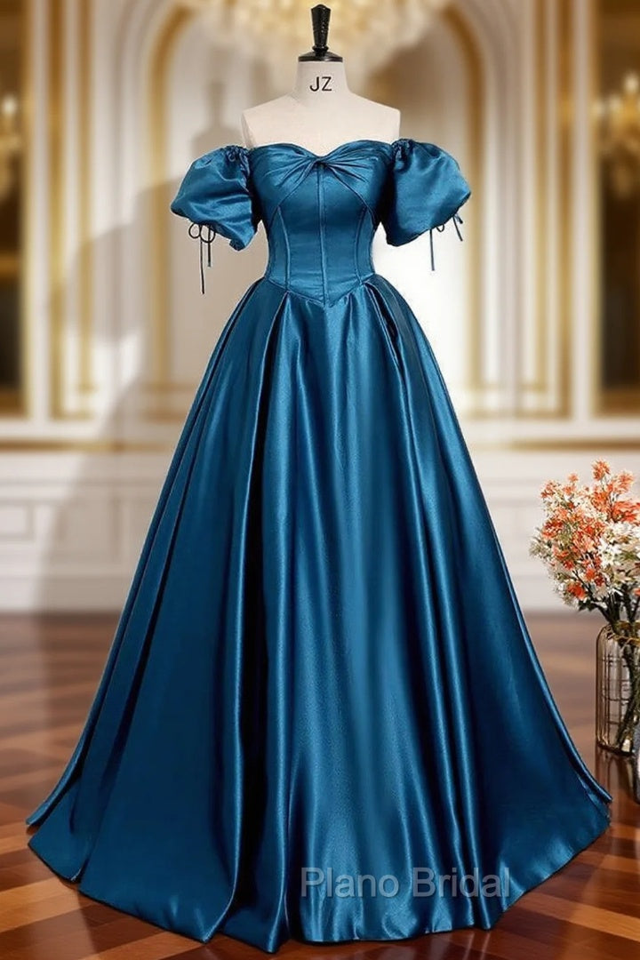 A-Line Puff Sleeves Satin Peacock Blue Long Formal Prom Dresses, Peacock Blue Long Formal Dresses