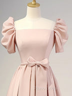A-Line Puff Sleeves Satin Pink Long Formal Prom Dresses, Pink Long Bridesmaid Dresses