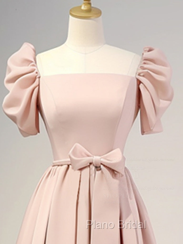 A-Line Puff Sleeves Satin Pink Long Formal Prom Dresses, Pink Long Bridesmaid Dresses