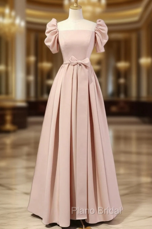 A-Line Puff Sleeves Satin Pink Long Formal Prom Dresses, Pink Long Bridesmaid Dresses Main image