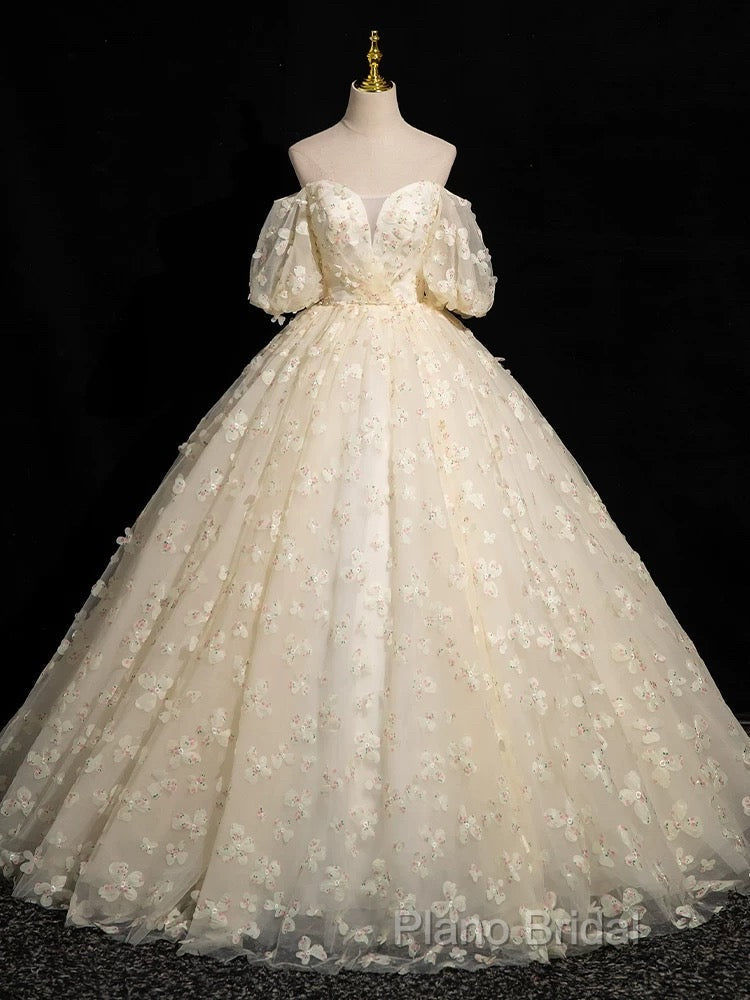 A-Line Puff Sleeves Tulle Lace Champagne Long Formal Prom Dresses, Champagne Formal Dresses Secondary image
