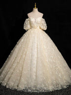 A-Line Puff Sleeves Tulle Lace Champagne Long Formal Prom Dresses, Champagne Formal Dresses