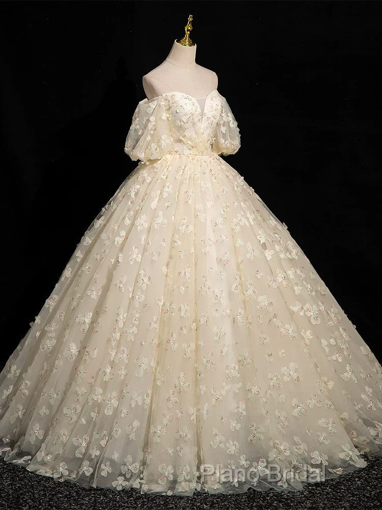 A-Line Puff Sleeves Tulle Lace Champagne Long Formal Prom Dresses, Champagne Formal Dresses