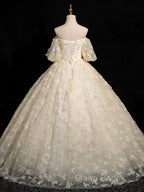 A-Line Puff Sleeves Tulle Lace Champagne Long Formal Prom Dresses, Champagne Formal Dresses